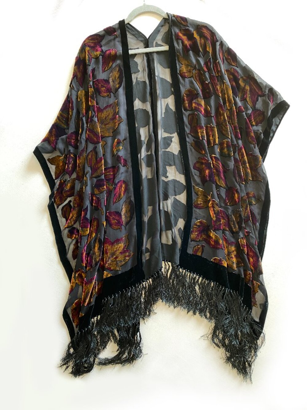 Floral Burnout Velvet Fringe Silk Rayon Kimono Jacket Burgundy Plus One Size